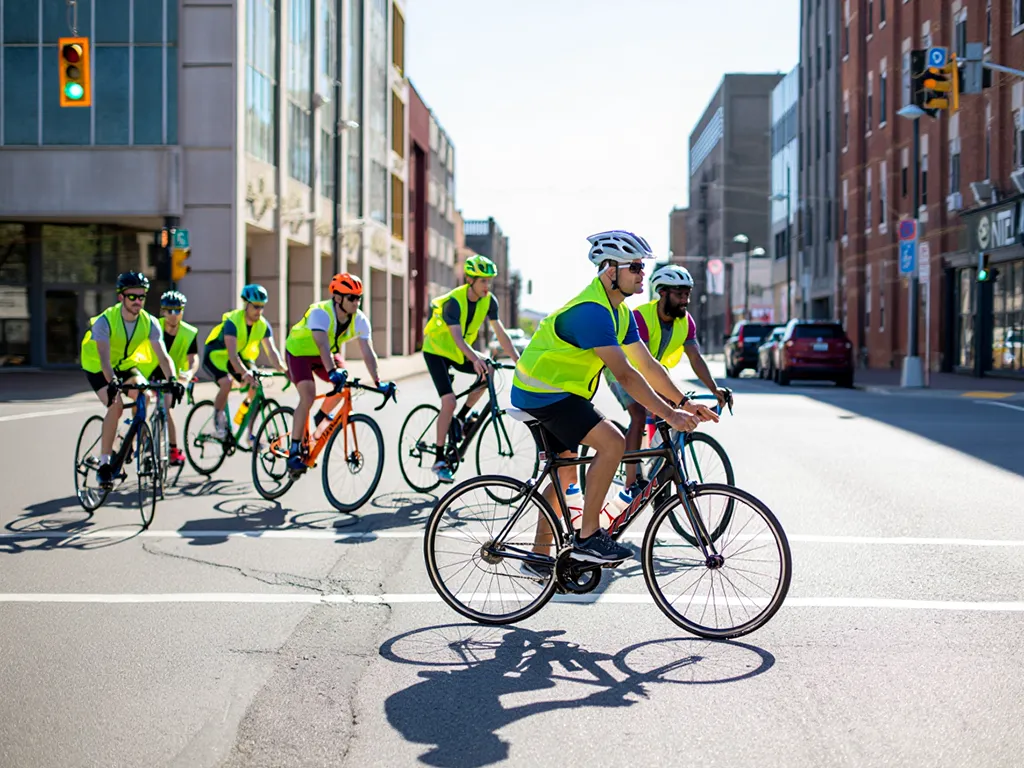 Øvelse i bykørsel Gruppe af cyklister der øver sig i bykørsel
