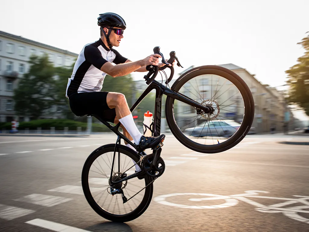 Avancerede cykelteknikker Cyklist der demonstrerer avancerede manøvrer